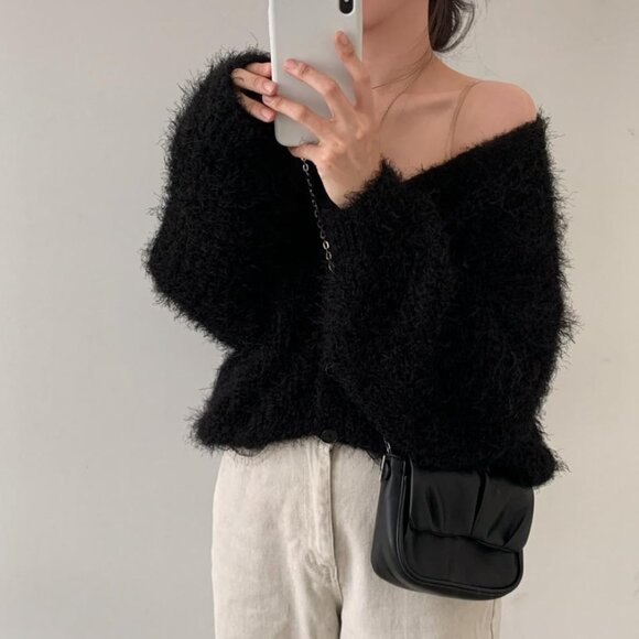Women’s Faux Fur Mohair Cardigan Oversized Cropped Open Front Sweater - Picture 2 of 7